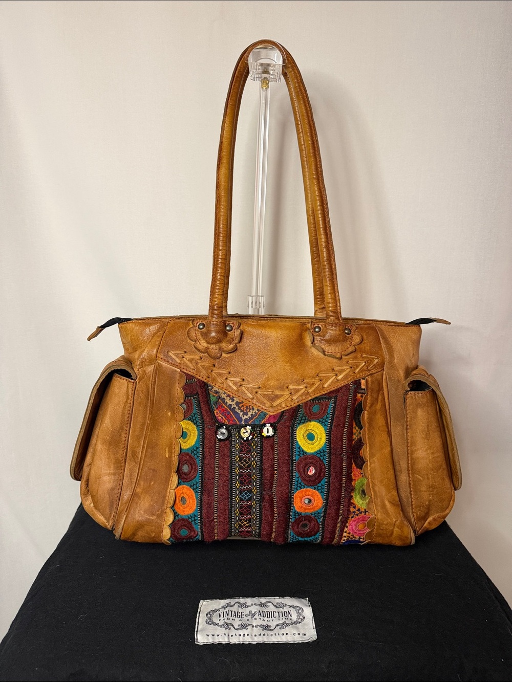 Vintage Addiction One-of-a-Kind Embroidered Leather Banjara Boho Tote Bag